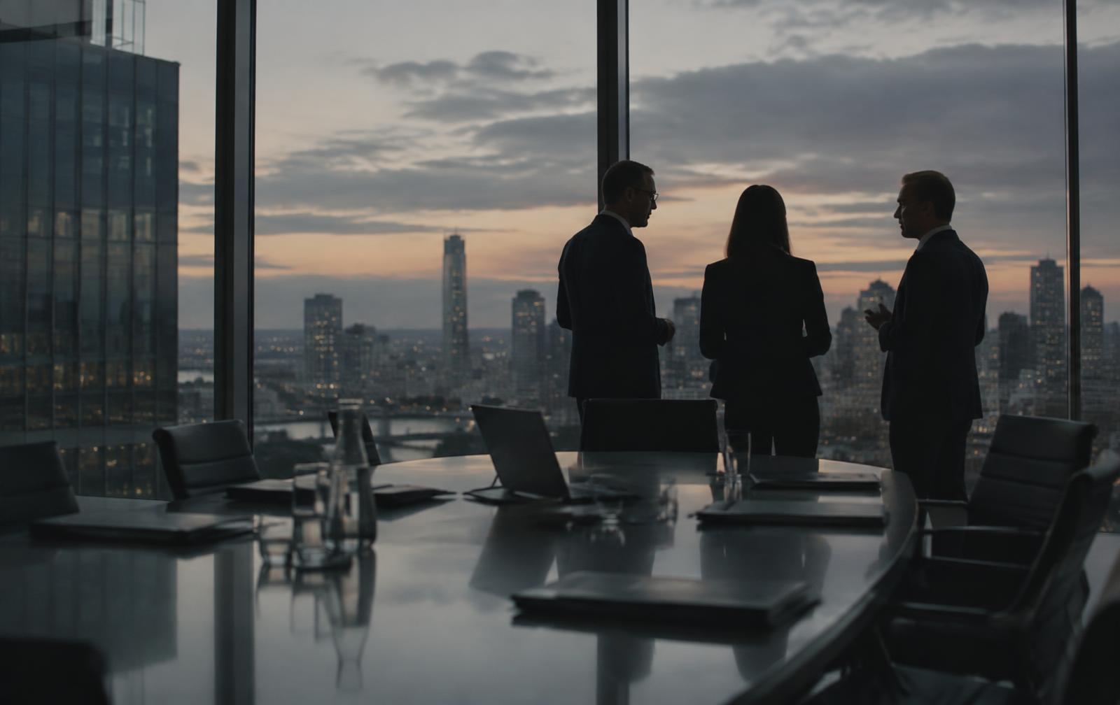 Three executives in silhouette talking in a glass boardroom at dusk