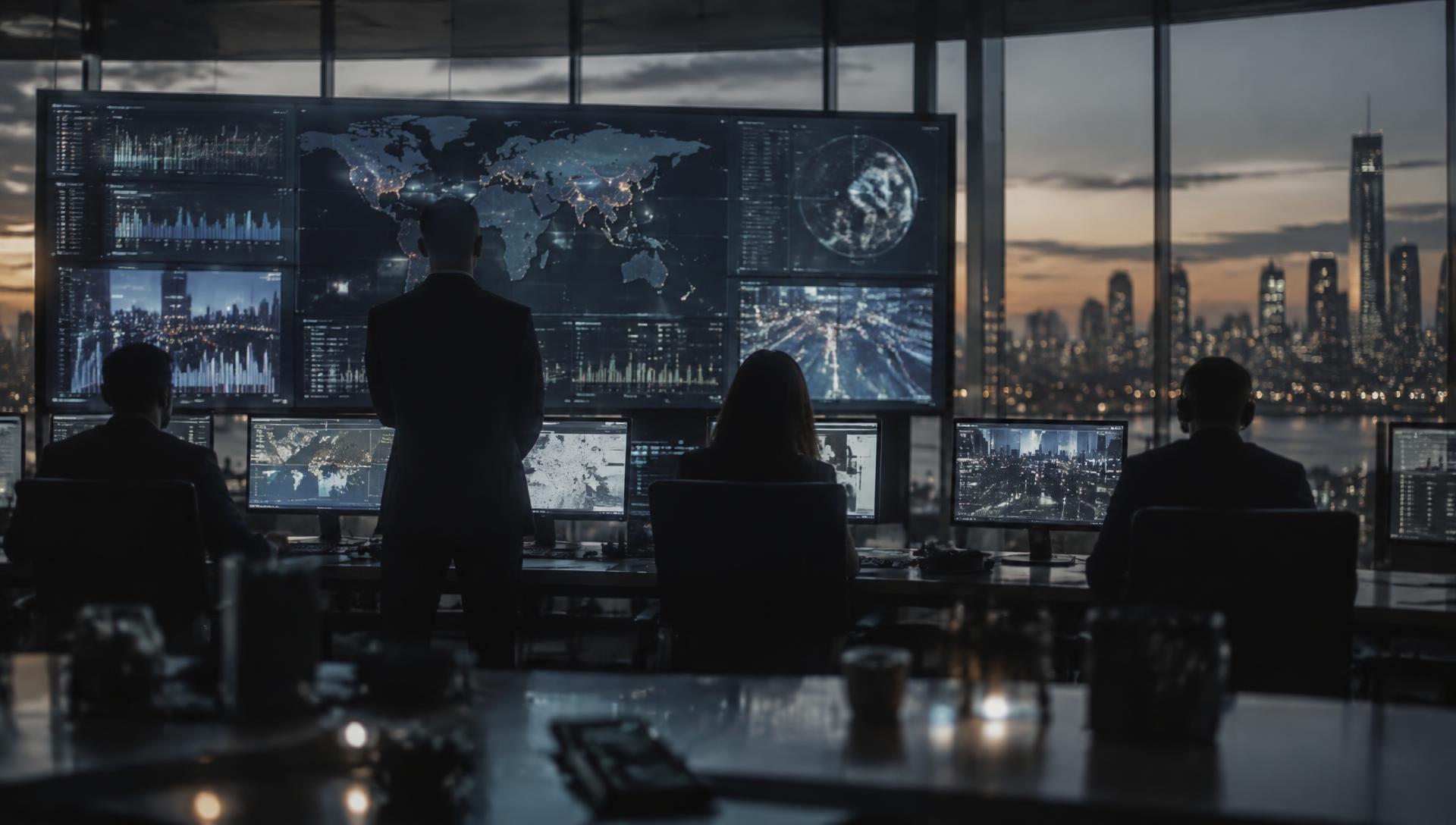 Operations team in silhouette watching large data screens at dusk