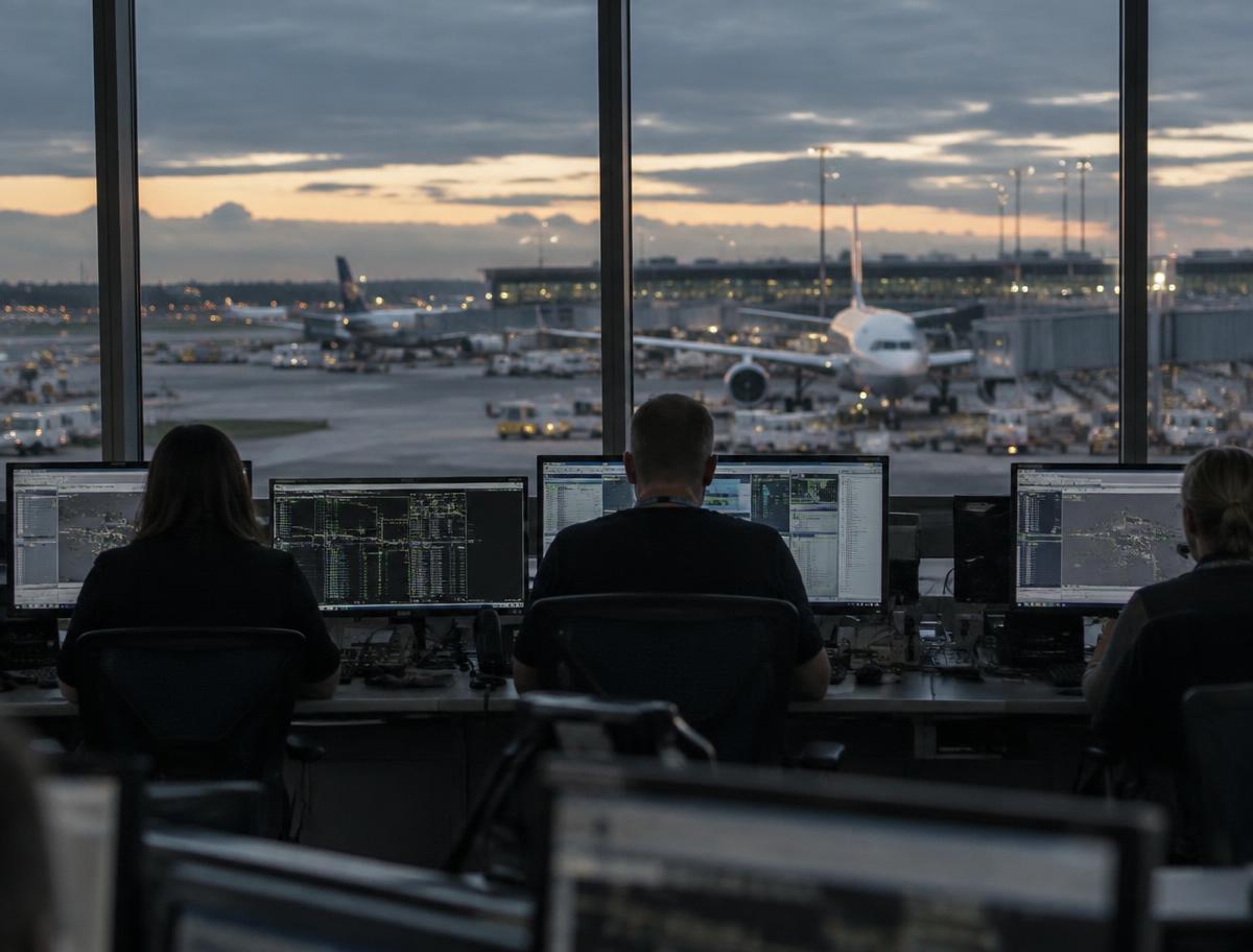 Operations staff at their desks overlooking an airport apron at dusk